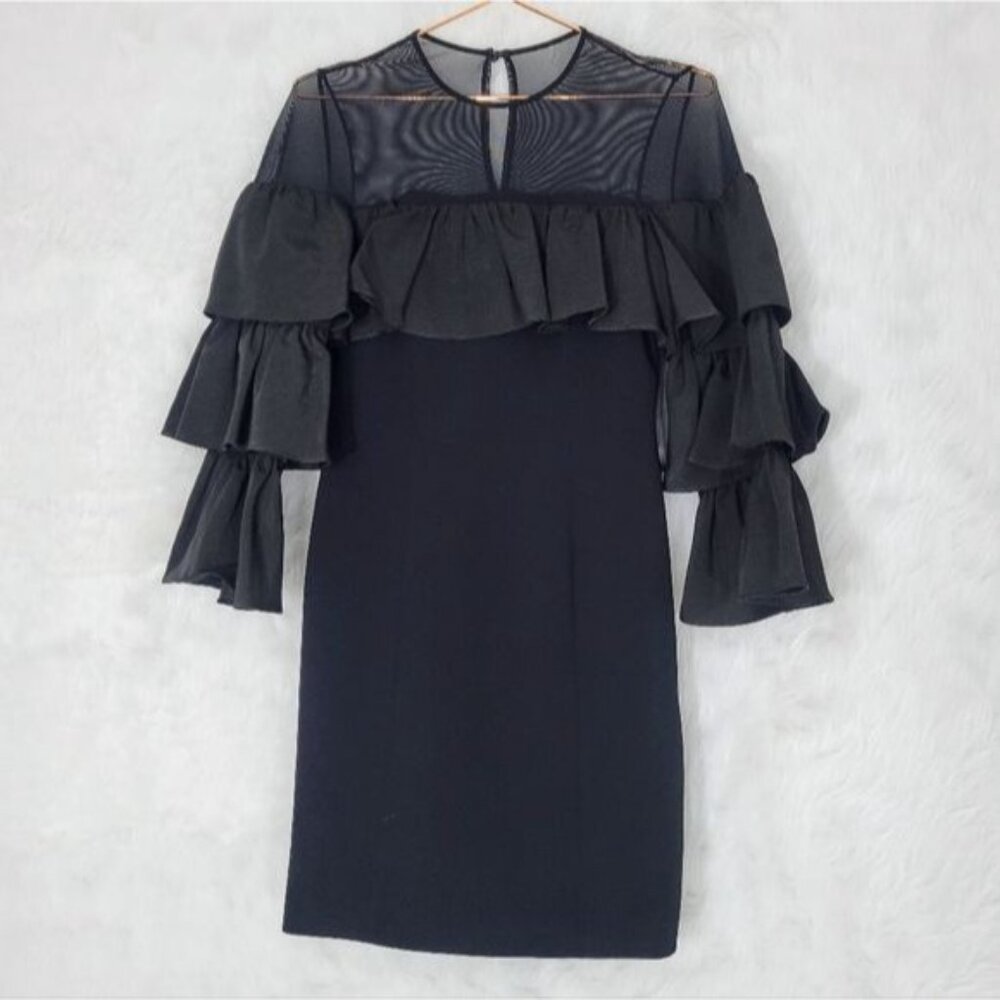 Cinq a Sept Valentina Ruffle Sleeve Mesh Shoulder Black Mini Dress 0 - Picture 2 of 11